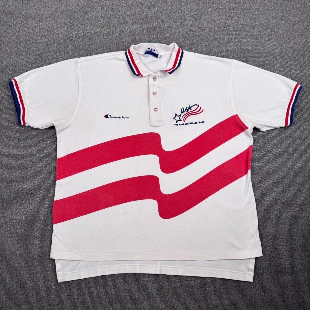 Vintage Champion Pan American Team Polo Shirt Mens XL White Red USA Made 90s